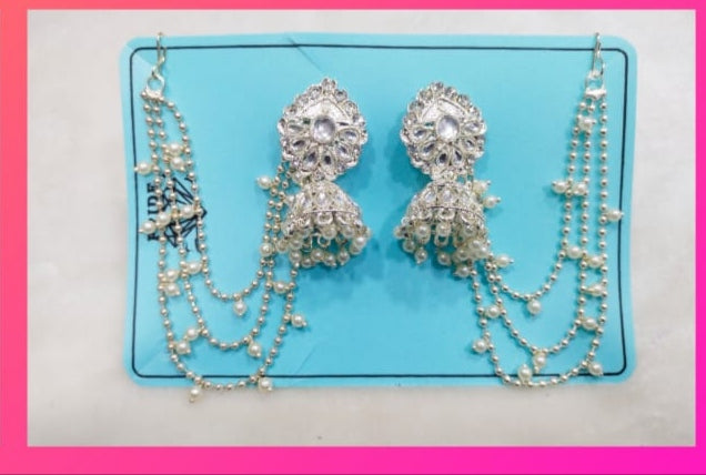 Heirloom Elegance: Kundan-Pearl Jhumkas with Bahubali Multi-Chain Accent