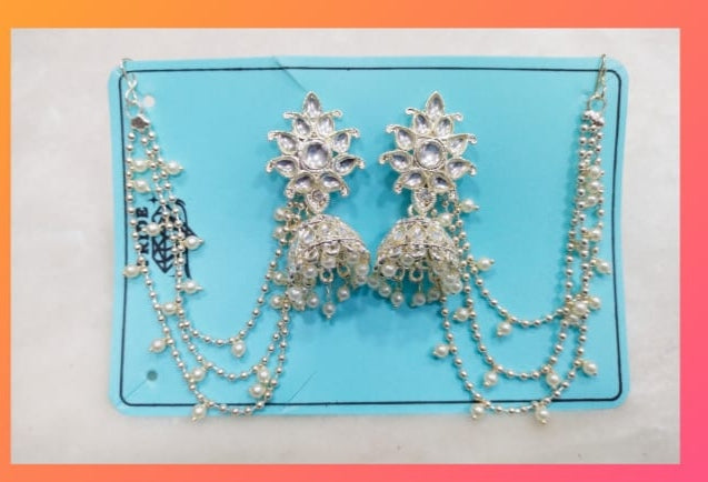 Heirloom Elegance: Kundan-Pearl Jhumkas with Bahubali Multi-Chain Accent