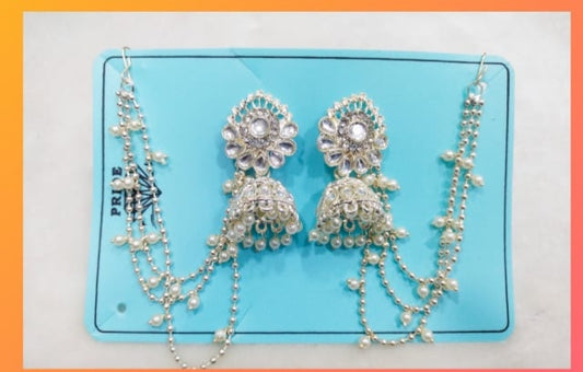 Heirloom Elegance: Kundan-Pearl Jhumkas with Bahubali Multi-Chain Accent